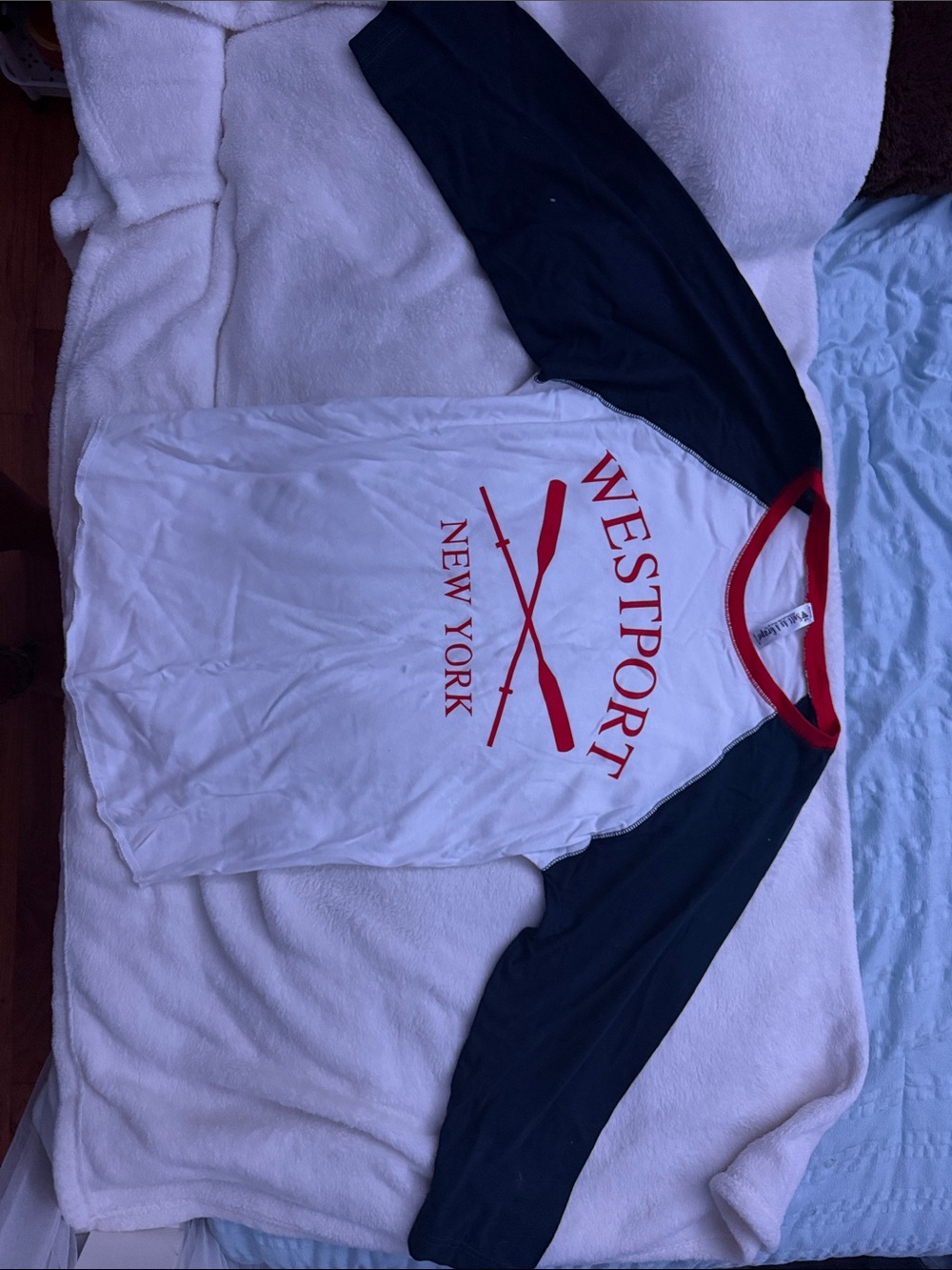 Westport White Baseball Raglan Tee with Navy Sleeves and Red Trim